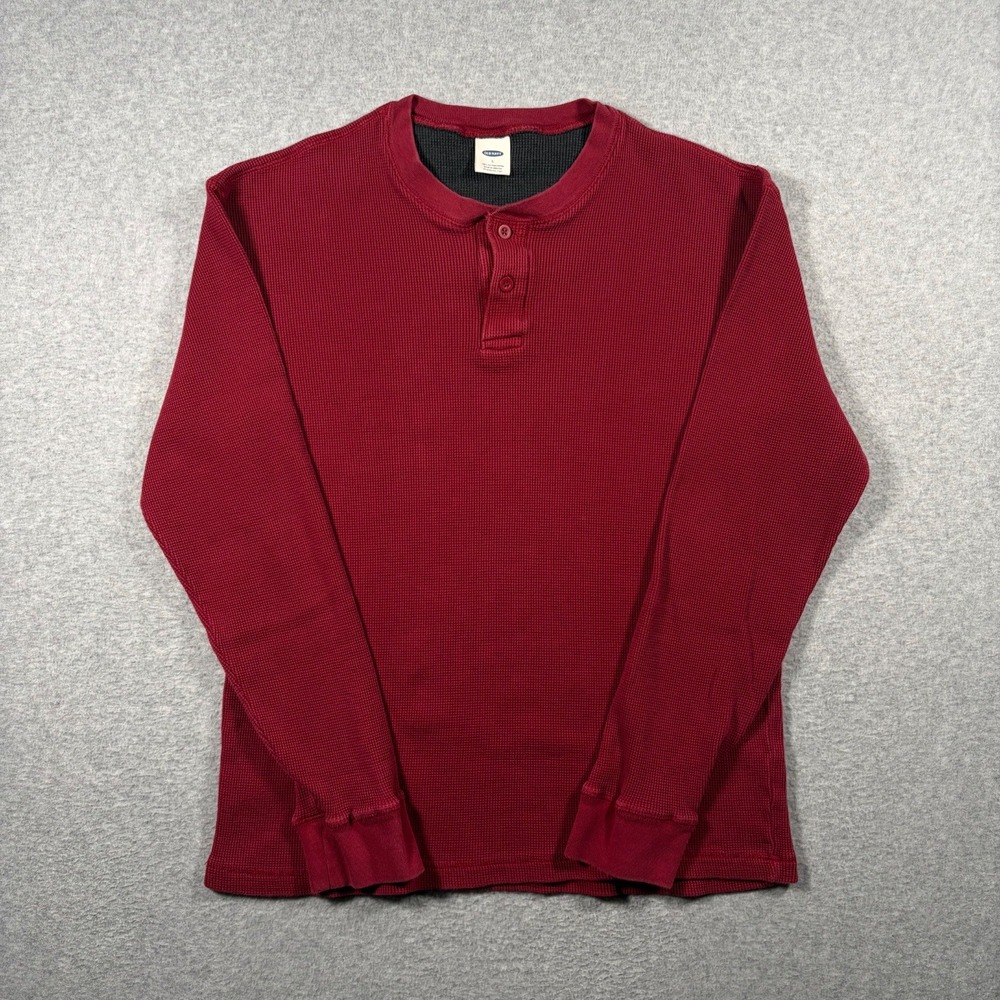 Old Navy Henley Shirt Mens Large Red Long Sleeve Waffle Knit Thermal Vintage Y2K